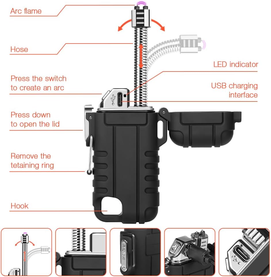 Windproof Electric Plasma Lighter - Rechargeable with Flexible / 360 Degree Neck